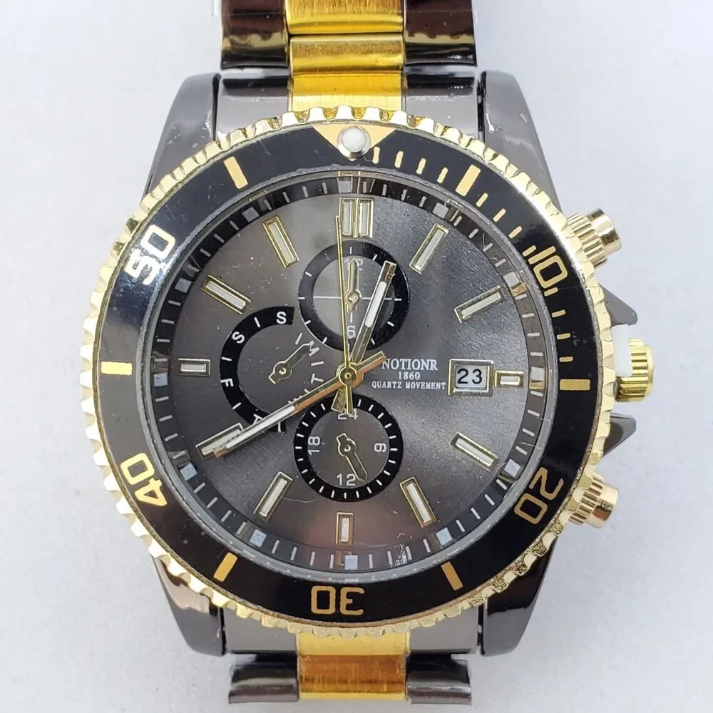 Men's Watch 40MM Dark Gray Dial Gold‎ Black Bracelet Band Date 7.5